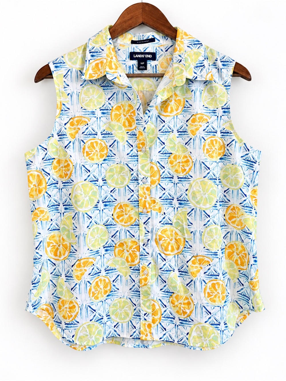 Lands End No Iron Supima Shirt 16P Lemon Coastal Preppy Resort Sleeveless J92